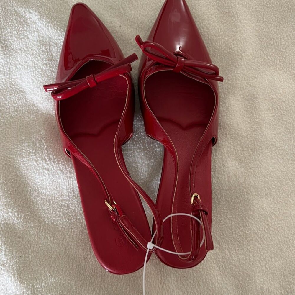 Coutgo Red Bow Slingback Stiletto Heel Closed Pointed Toe, Size 9